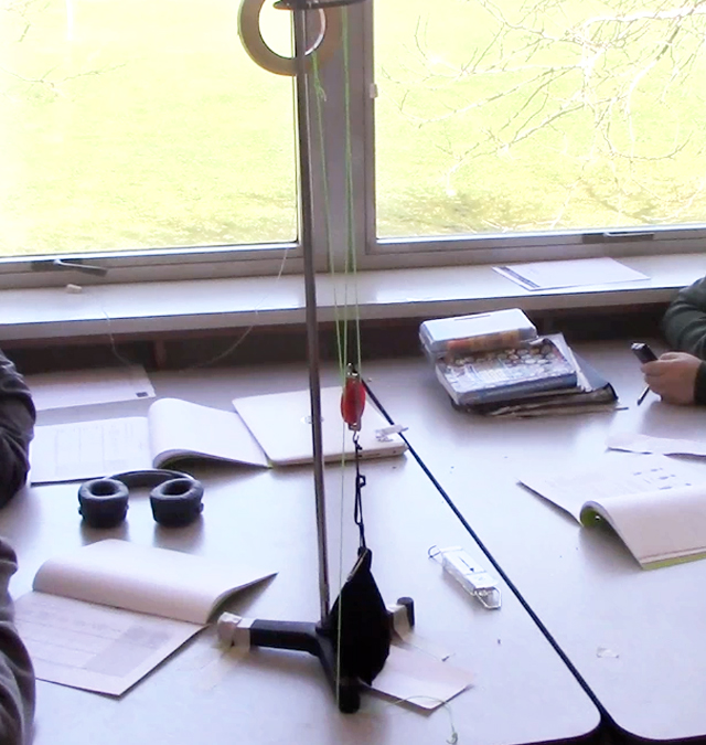 Pulley on a table in a science class.