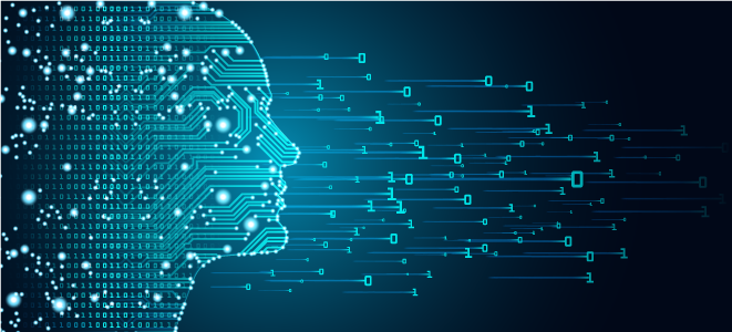 Side profile of a person made up of circuitry and binary code