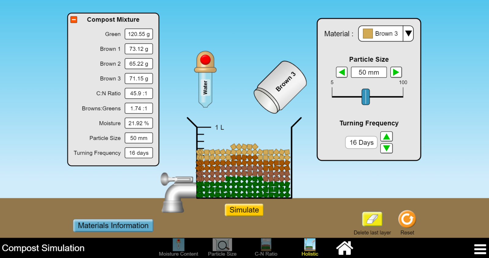 Compost simulation with compost mixture variables and a compost bin.