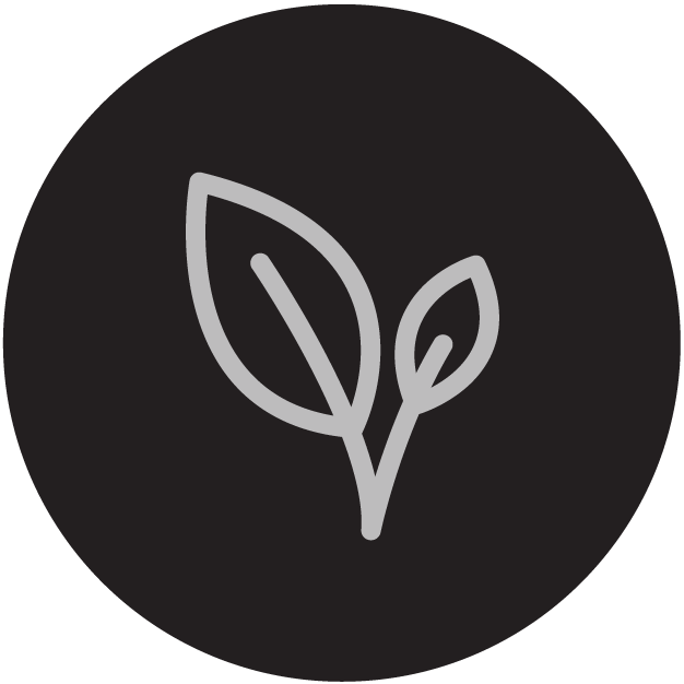 Black circle with leaf icon inside it.
