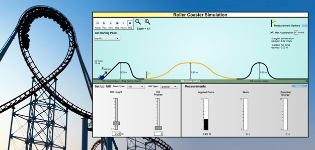 Roller coaster simulation with varying heights of hills.