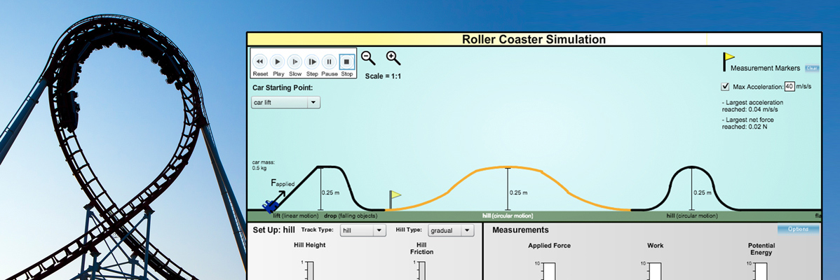 Roller coaster simulation with varying heights of hills.